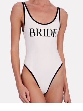 'BRIDE' White One-Piece Swimsuit with Black Trim we wore what ! L